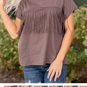 Ces Femme Mauve Brown Fringe Short Sleeve Top